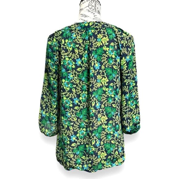 Banana Republic XS Green Blue Floral Boho Cottagecore V-Neck 3/4 Sleeve Blouse - Picture 6 of 9